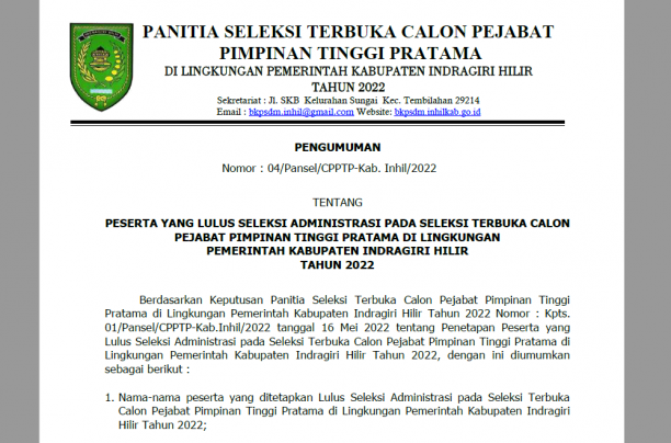 Pengumuman Peserta Lulus Seleksi Administrasi pada JPT Pratama Pemkab INHIL