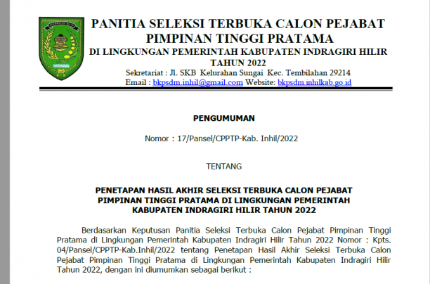 Hasil Akhir Seleksi Terbuka Calon Pejabat Tinggi Pratama di Pemkab Inhil